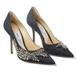 EUC Jimmy choo Love Crystal-Embellished Indigo Blue Denim Pumps Heels - EU 35.5